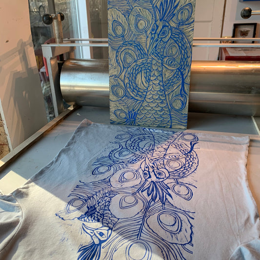 Slate color handprinted peacock shirt pre-order will ship around April 20