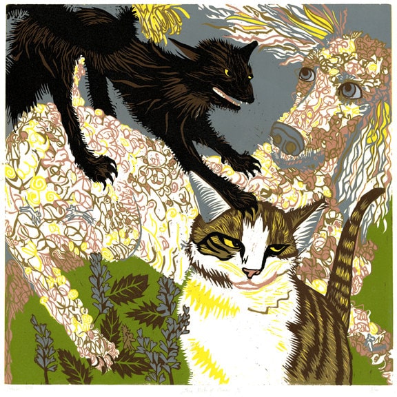Cat and Dog Woodcut