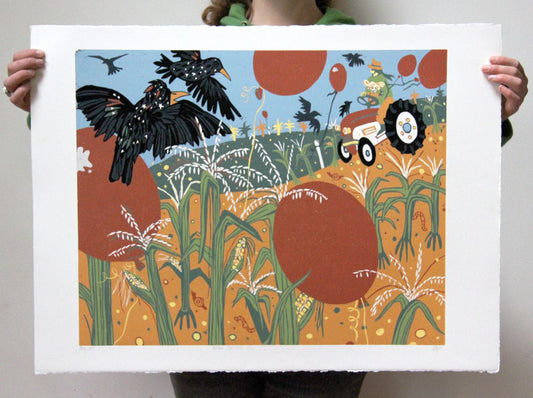 Starling and Balloon Woodcut