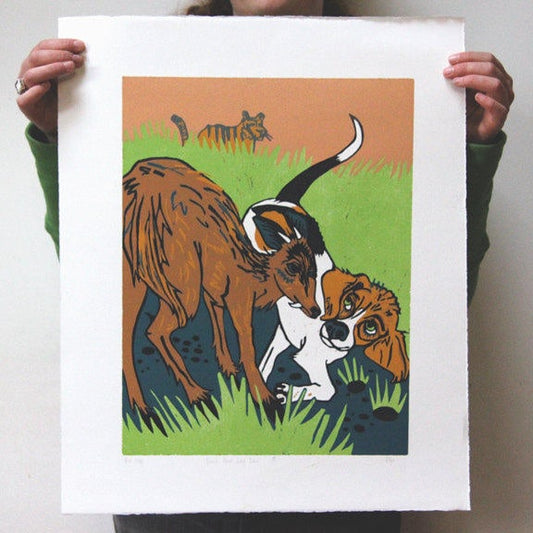 Beagle and Deer Woodcut