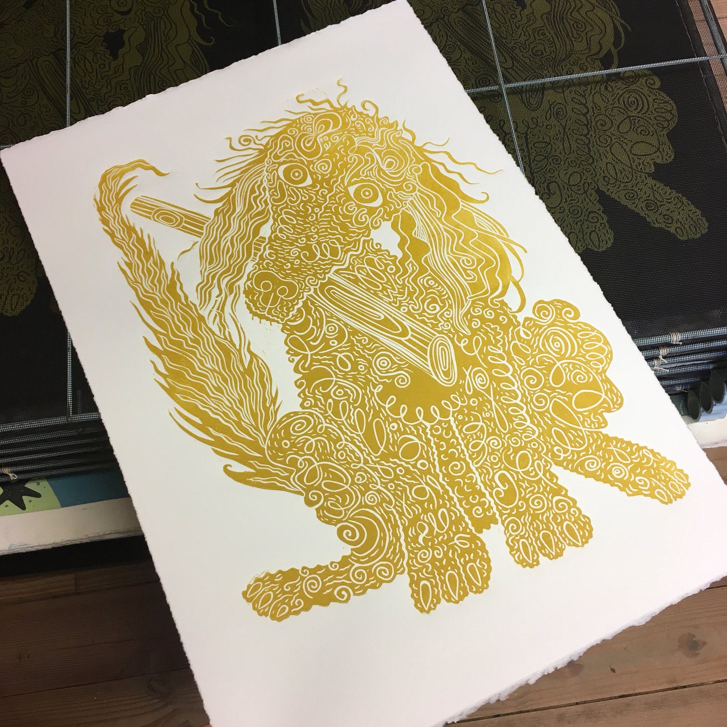 Poodle Woodcut Gold