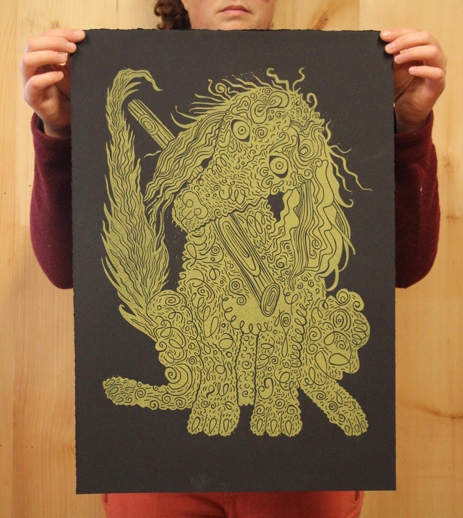 Gold and Black Poodle woodcut