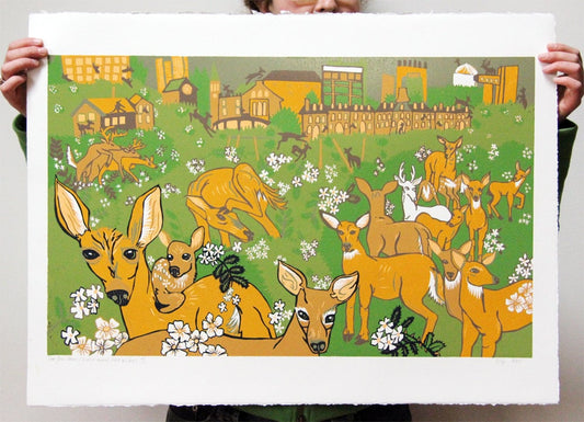 Deer and Rose Woodcut