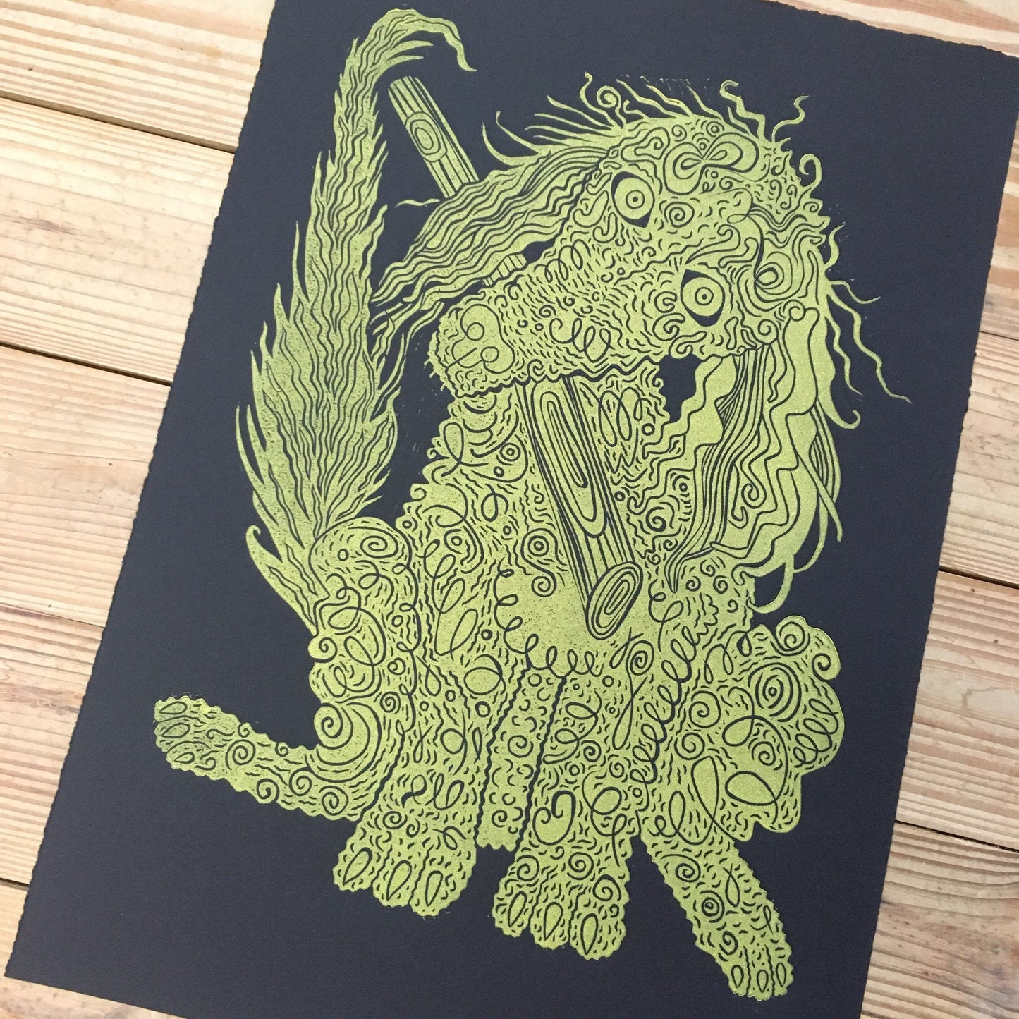 Gold and Black Poodle woodcut