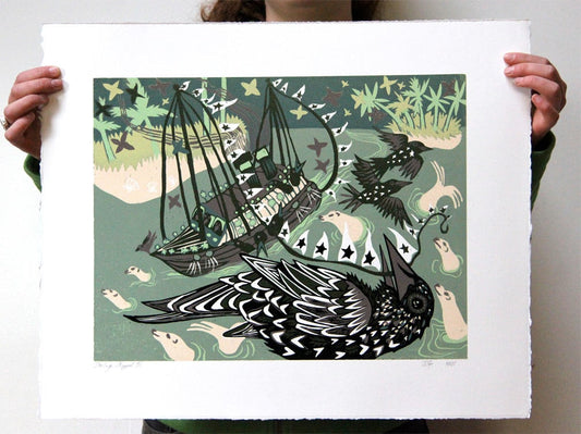 Starling and Ship Woodcut