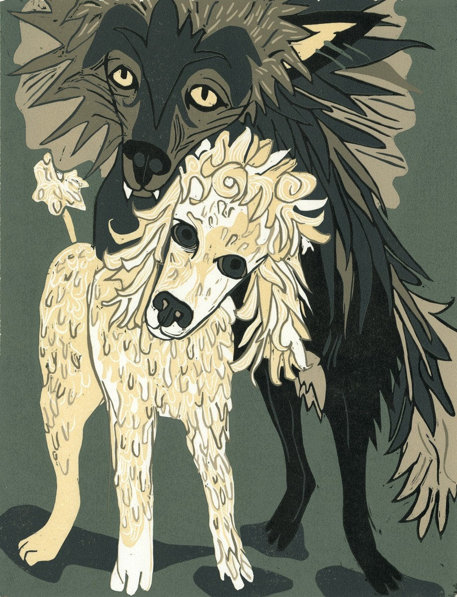 Wolf and Poodle Woodcut