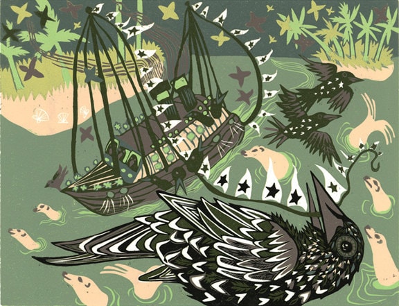 Starling and Ship Woodcut