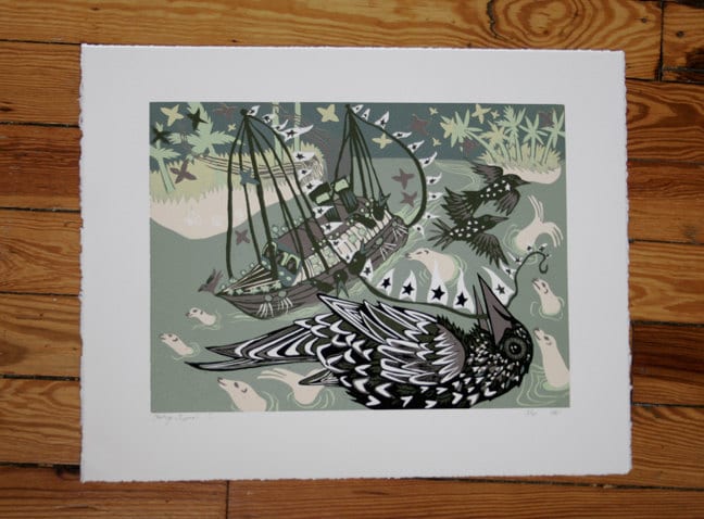 Starling and Ship Woodcut